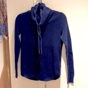 Navy bluel Waffled Ribbed Cowl Neck  sweater with drawstring funnel